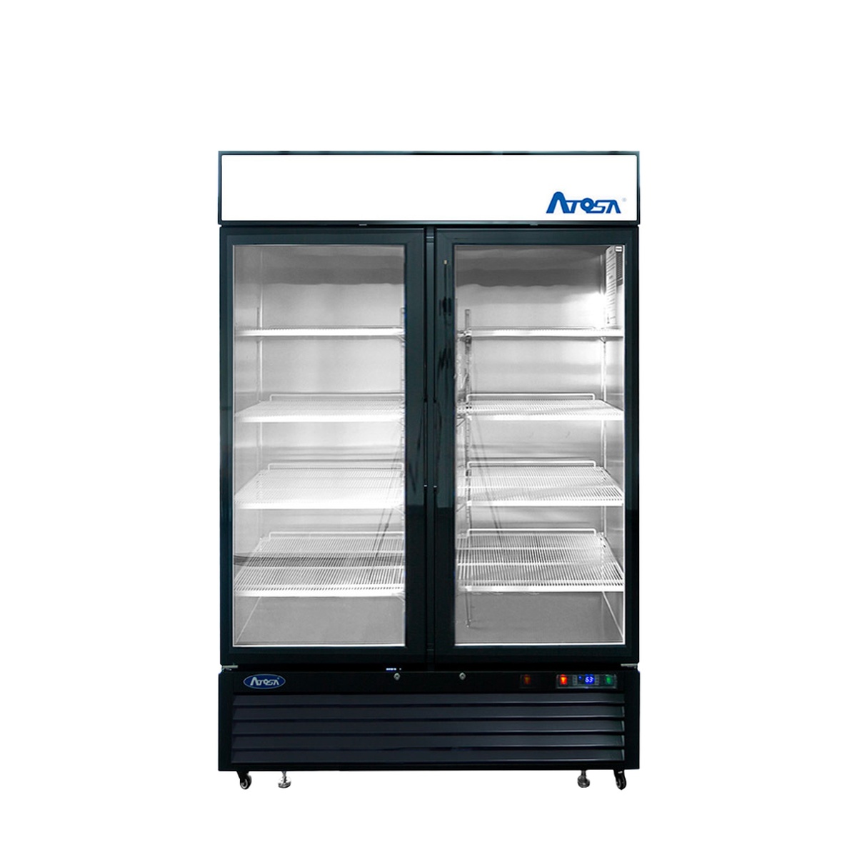 Atosa MCF8733GR two glass door merchandiser cooler, front view, black exterior with lighted header panel and pre-installed wire shelves