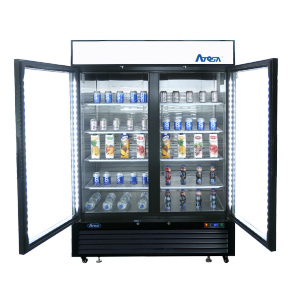 Atosa MCF8733GR merchandiser cooler with both doors open, stocked shelves showing canned beverages, juice cartons, and water bottles under LED interior lighting