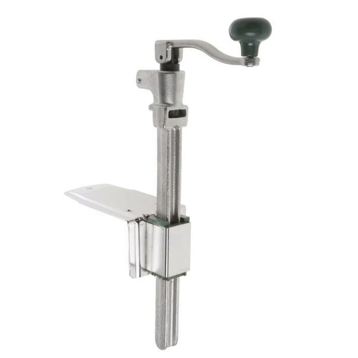 MCO#2S Enhanced Commercial Grade #2 Can Opener with stainless steel base and green knob handle, shown assembled and ready for countertop mounting