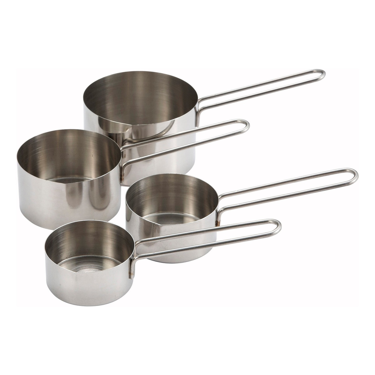 Winco MCP-4P 4-piece stainless steel measuring cup set with wire handles, four sizes shown together