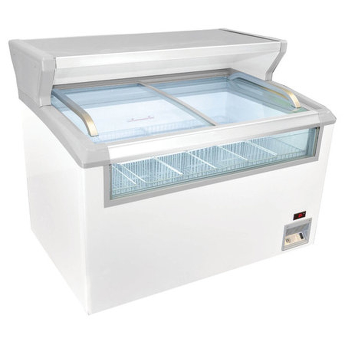 Excellence MCT-2HC curved-top chest freezer with sliding glass doors open, showing wire baskets inside