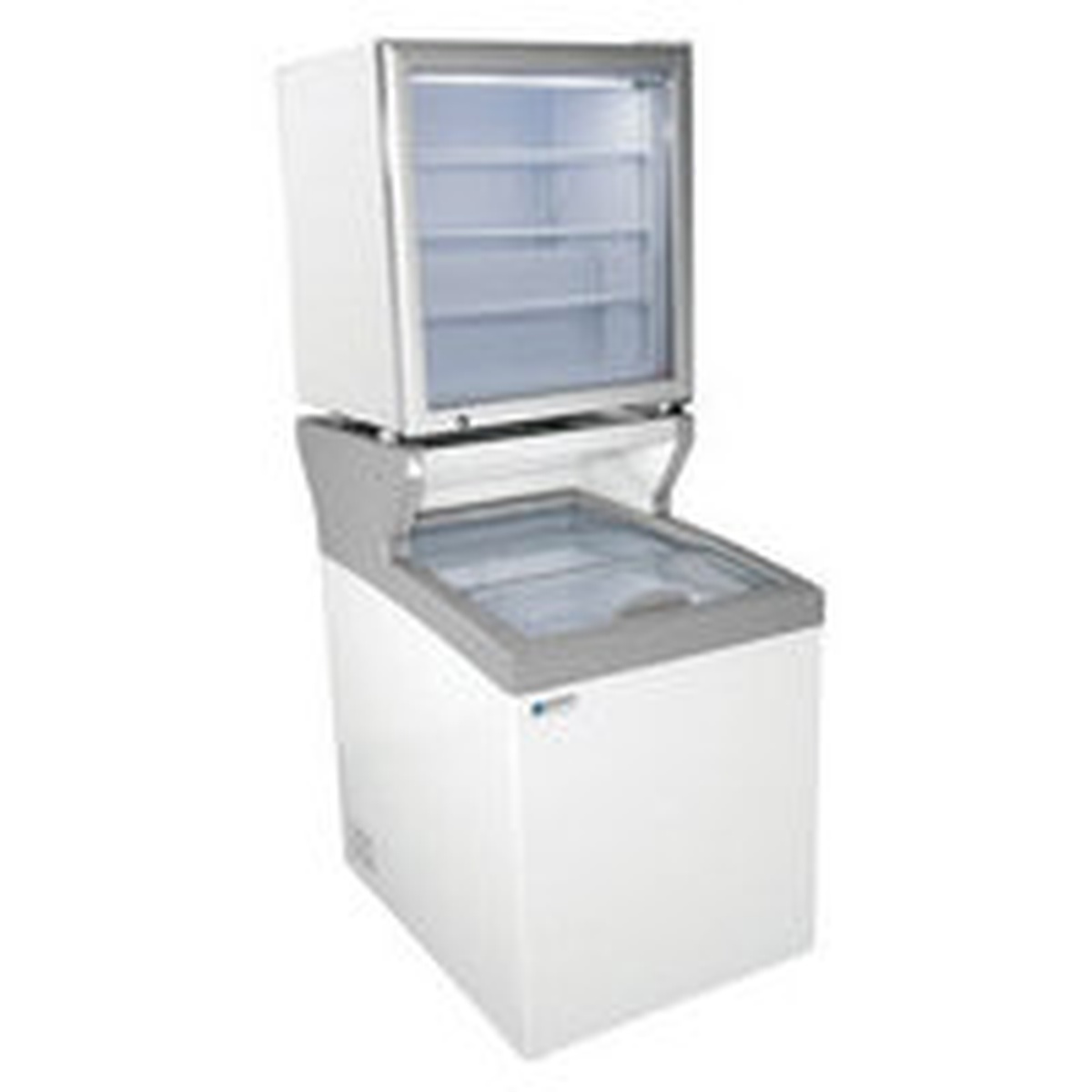 Excellence MCT-2HC chest freezer shown with top lid open, revealing interior storage and lower cabinet base