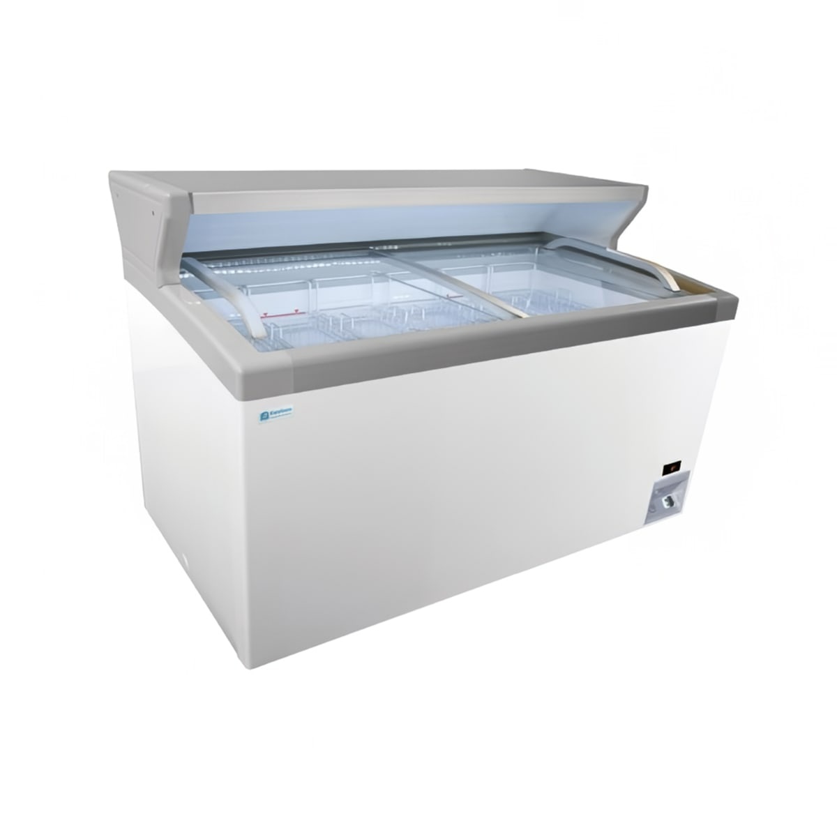 Excellence Industries MCT-2HC white chest-style ice cream display freezer with curved sliding glass top open, showing two interior wire baskets and LED lighting