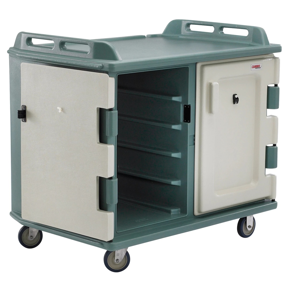 Cambro meal delivery cart shown with one compartment door open