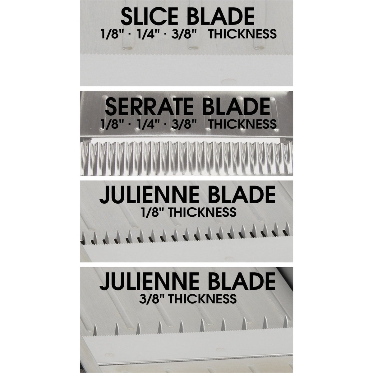 Close up of built-in slice, serrated, and julienne blades