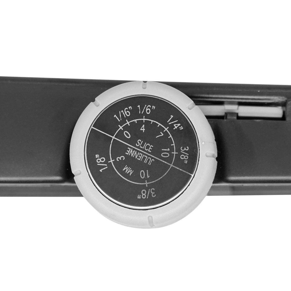 Close-up of the Winco MDL-4P rotary adjustment dial showing labeled thickness settings for Slice and Julienne modes