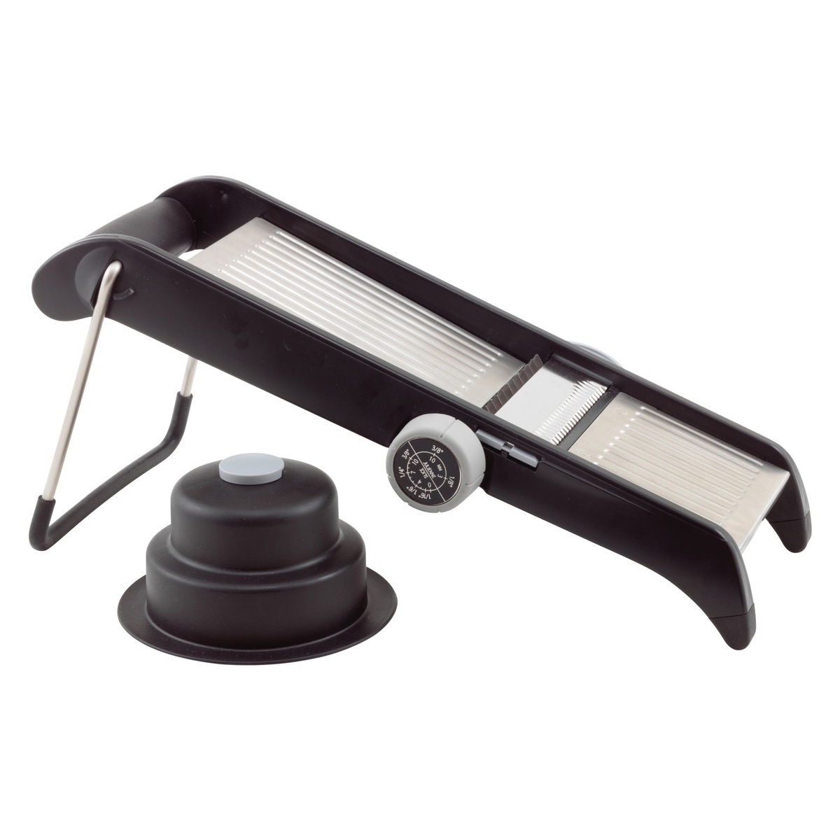 Winco MDL-4P mandoline slicer set showing the full unit with folding stand and hand guard on white background