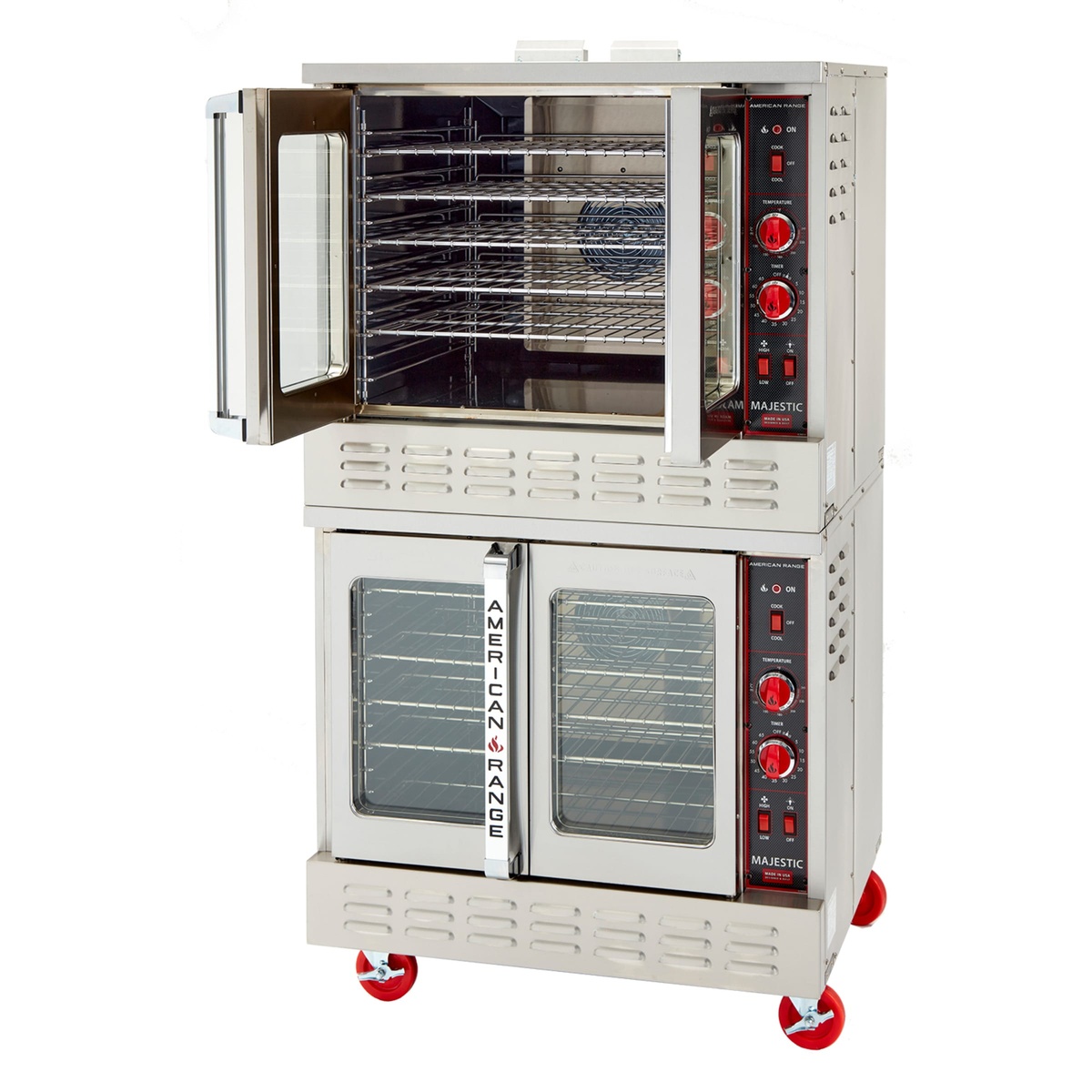American Range ME-2 double-deck convection oven with upper door open showing chrome racks