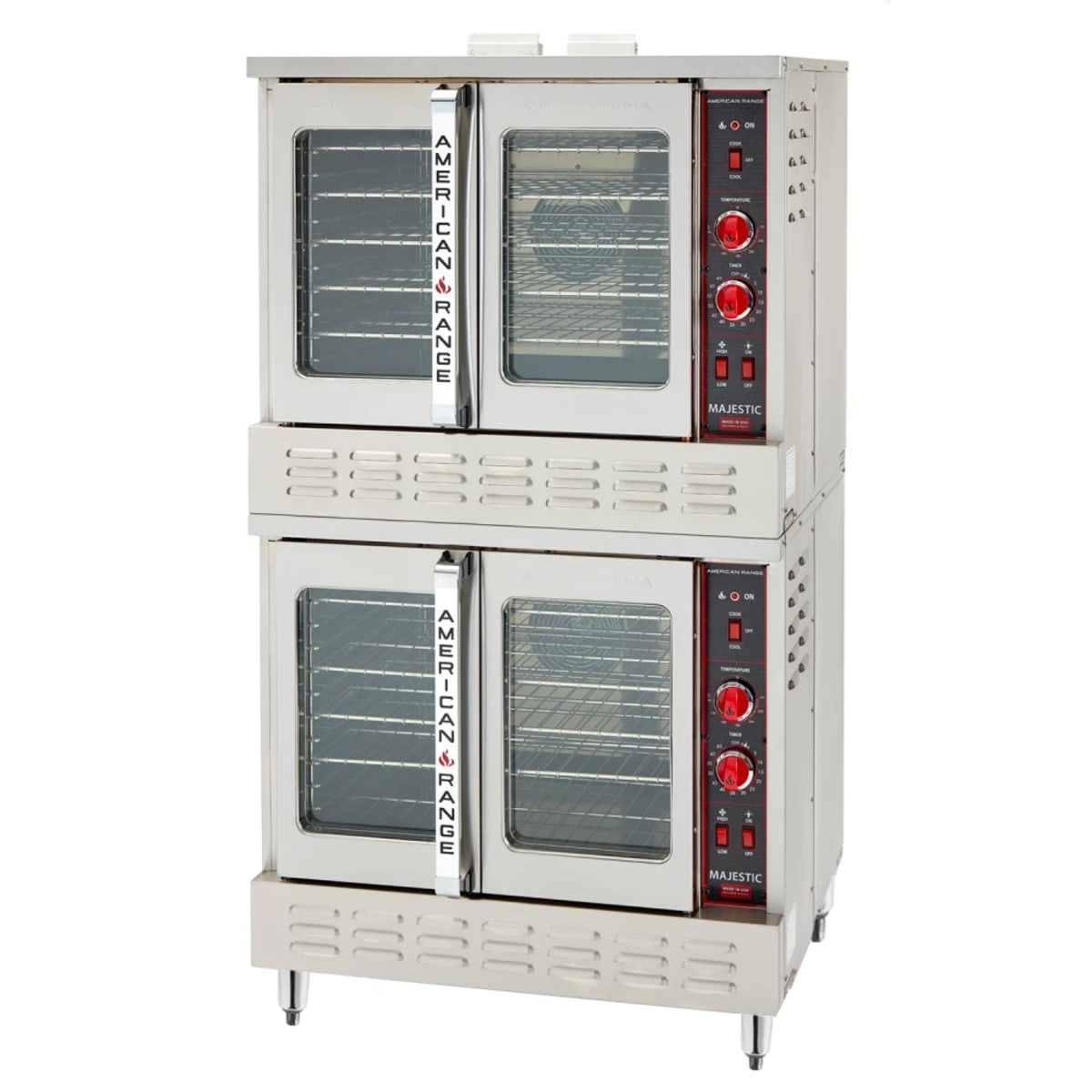 American Range ME-2 double-deck convection oven front view with glass doors