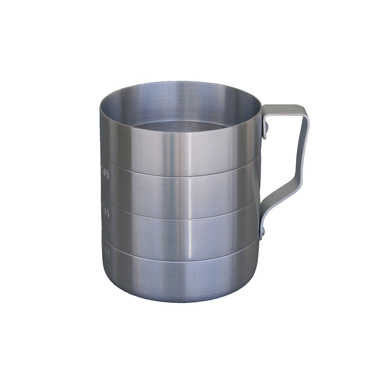 Libertyware MEA01D aluminum 1-quart dry measuring cup showing embossed measurement graduations