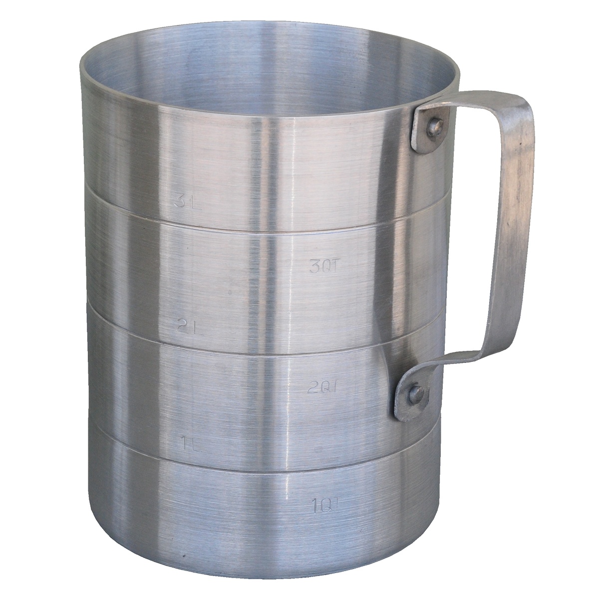 Libertyware MEA04D 4-quart brushed aluminum dry measure cup with riveted handle and etched graduation markings