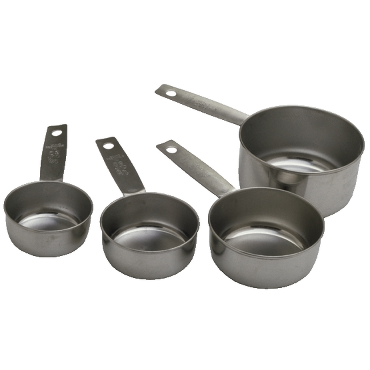 Libertyware 4-piece stainless steel measuring cup set showing 1/4, 1/3, 1/2, and 1 cup sizes with long flat handles