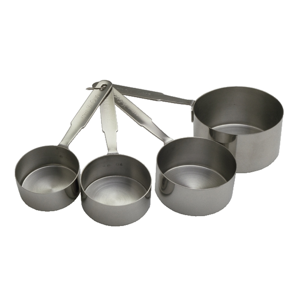Libertyware 4-piece stainless steel heavy duty measuring cup set showing 1/4, 1/3, 1/2 and 1 cup sizes fanned out