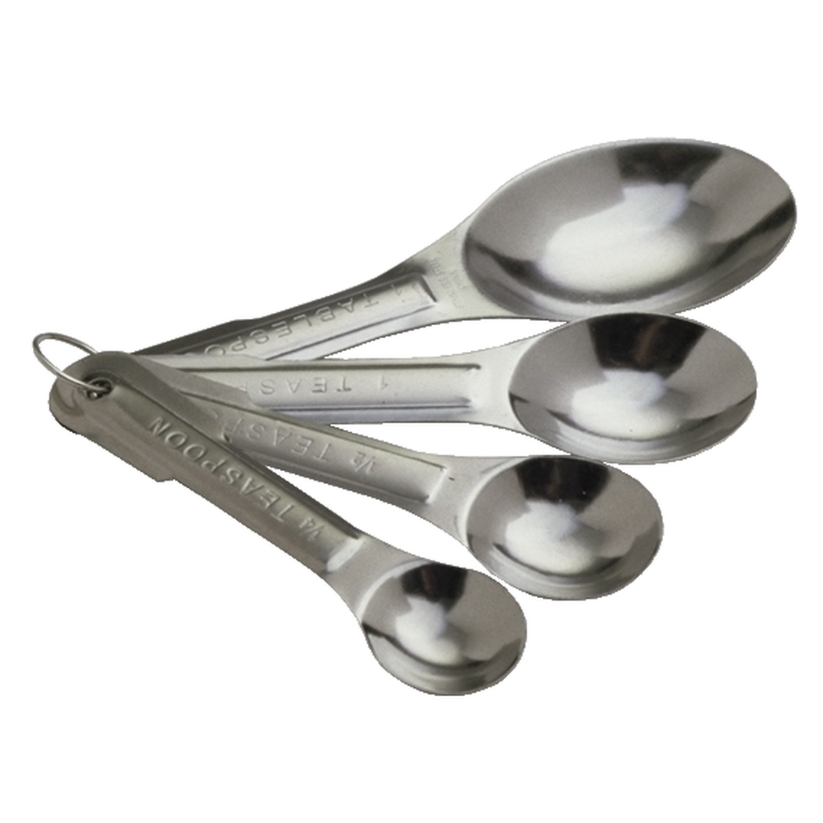 Libertyware stainless steel 4-piece measuring spoon set fanned out on a metal ring showing 1/4 tsp, 1/2 tsp, 1 tsp, and 1 tbsp sizes