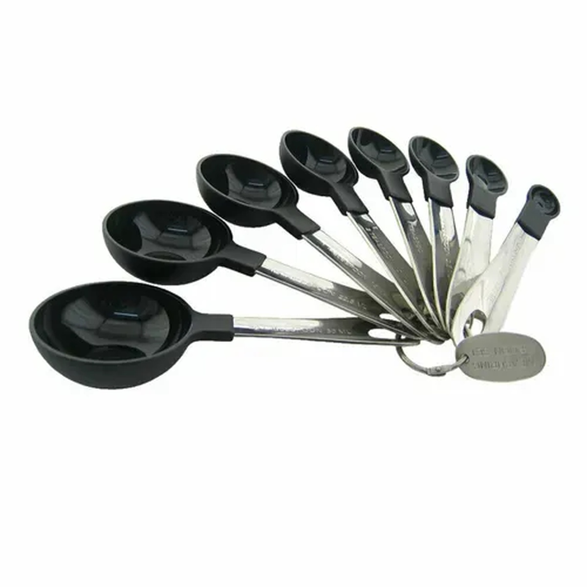 Libertyware MEASPDLX 8-piece measuring spoon set with black nylon bowls and stainless steel handles fanned out