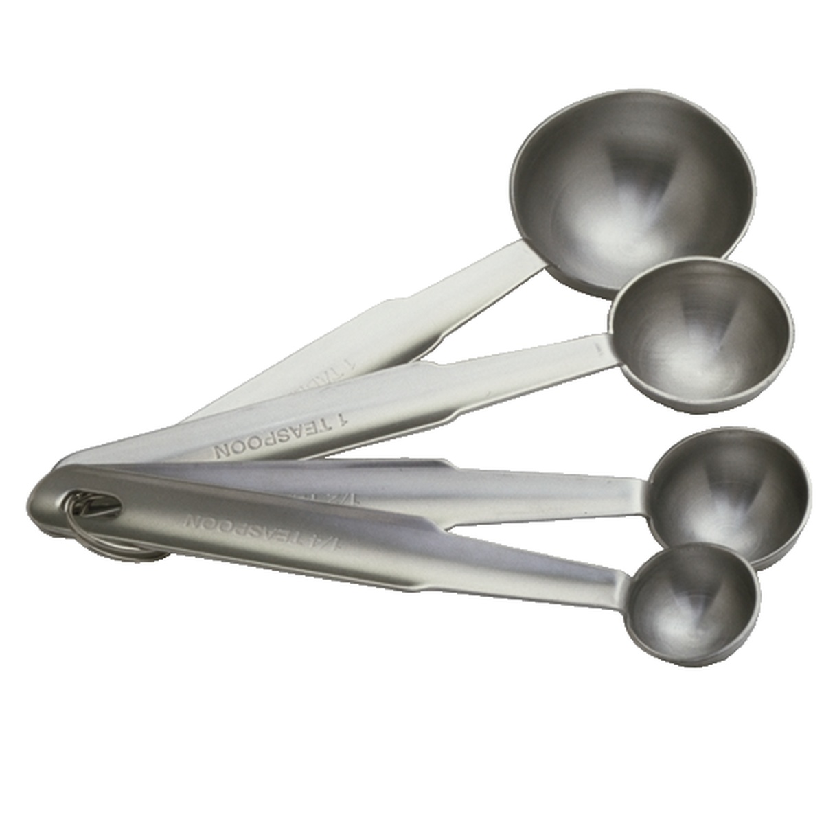 Libertyware 4-piece heavy-duty stainless steel measuring spoon set fanned out showing all four sizes