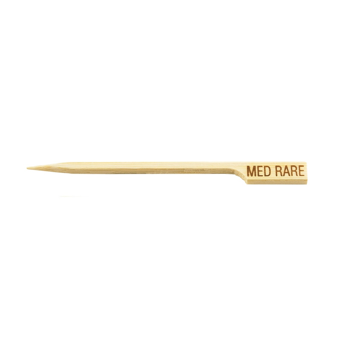 Single TableCraft MEDRARE medium rare bamboo steak pick showing paddle end with engraved MED RARE label
