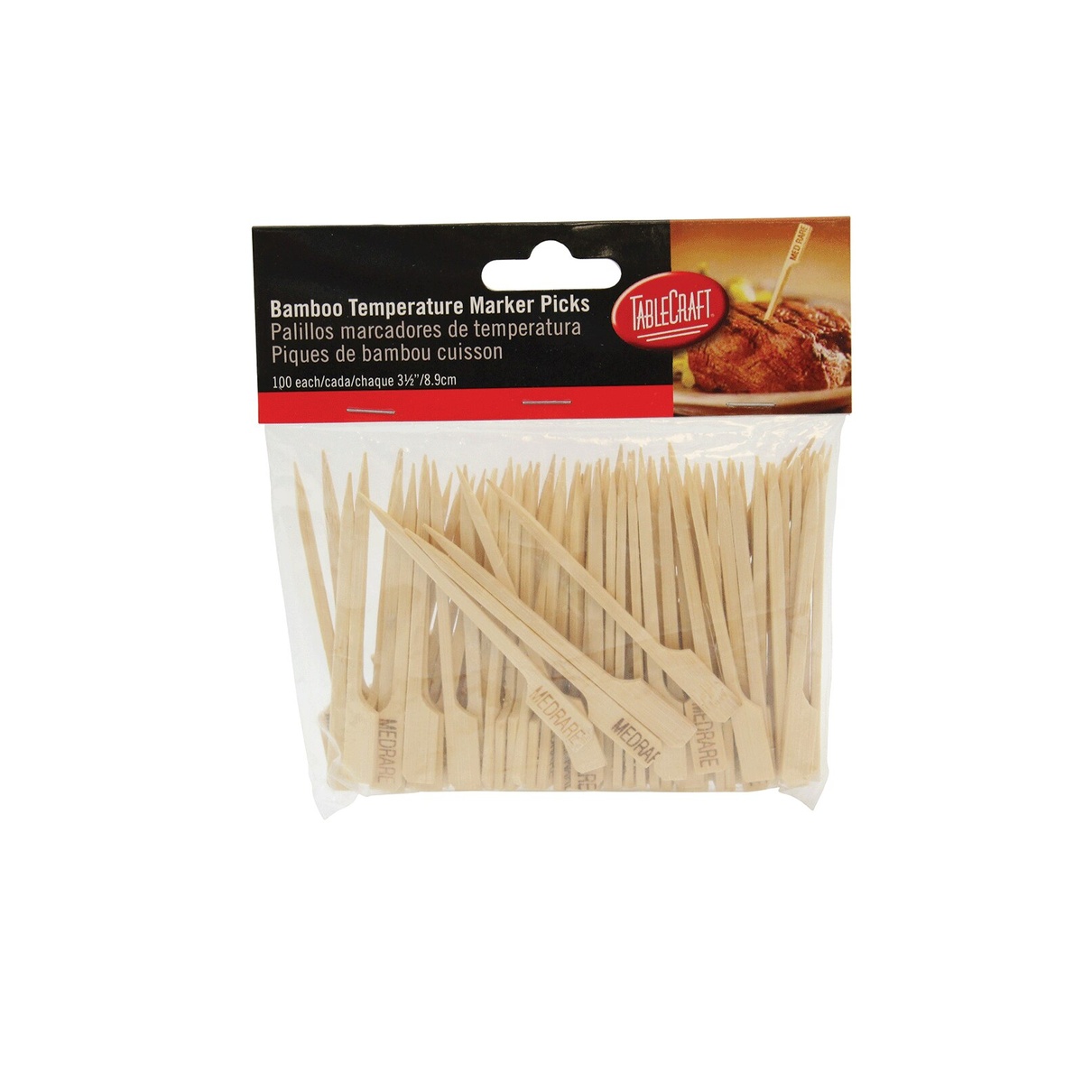 TableCraft MEDRARE bamboo temperature marker picks in retail packaging showing 100 picks per bag