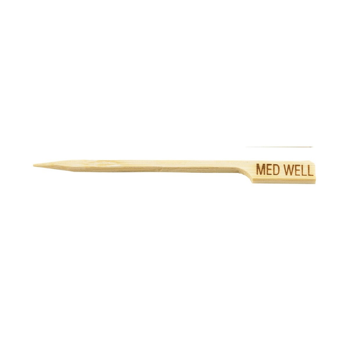 TableCraft MEDWELL 3.5-inch bamboo meat marker pick with engraved MED WELL label on white background