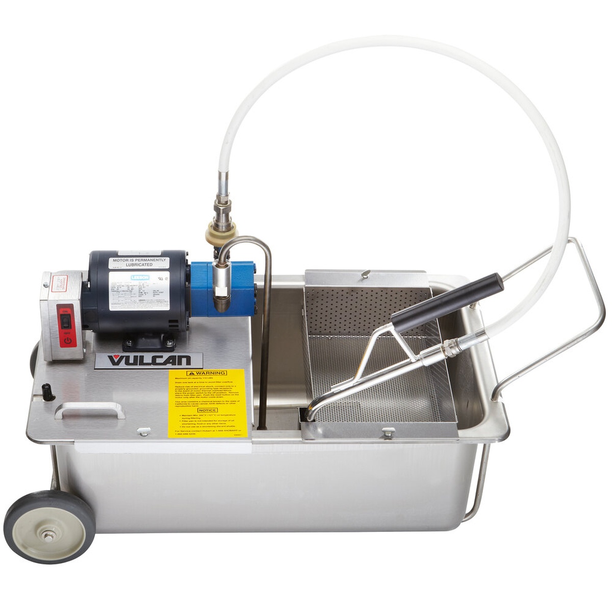 Vulcan MF-1 portable fryer oil filter machine assembled with motor, pump, hose, and crumb basket