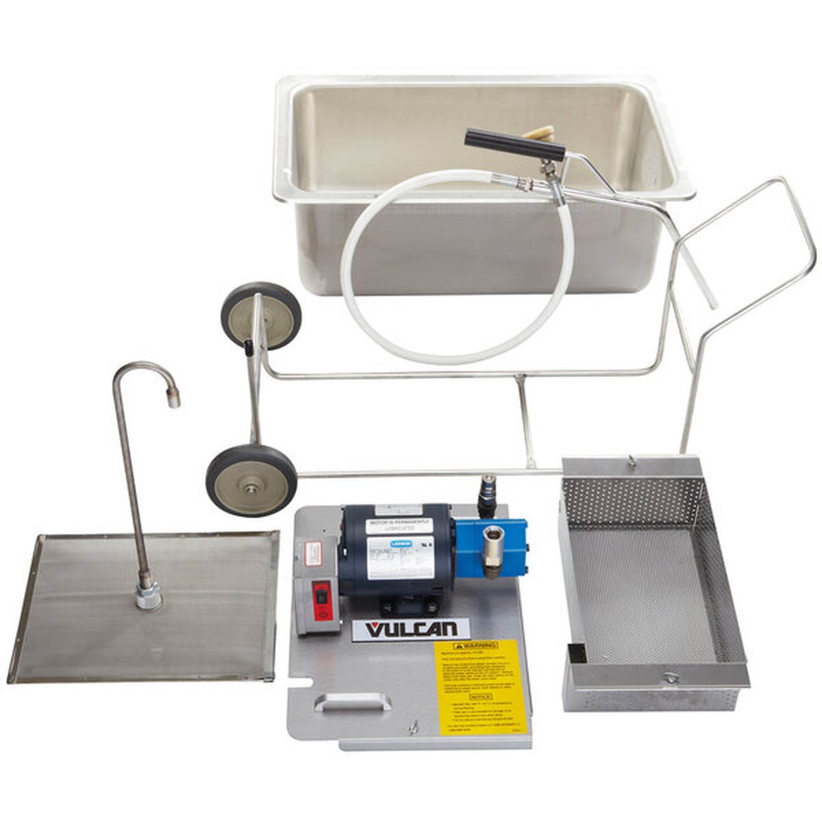 Vulcan MF-1 all components laid out including filter pan, motor unit, mesh screen, crumb basket, hose, and caster frame