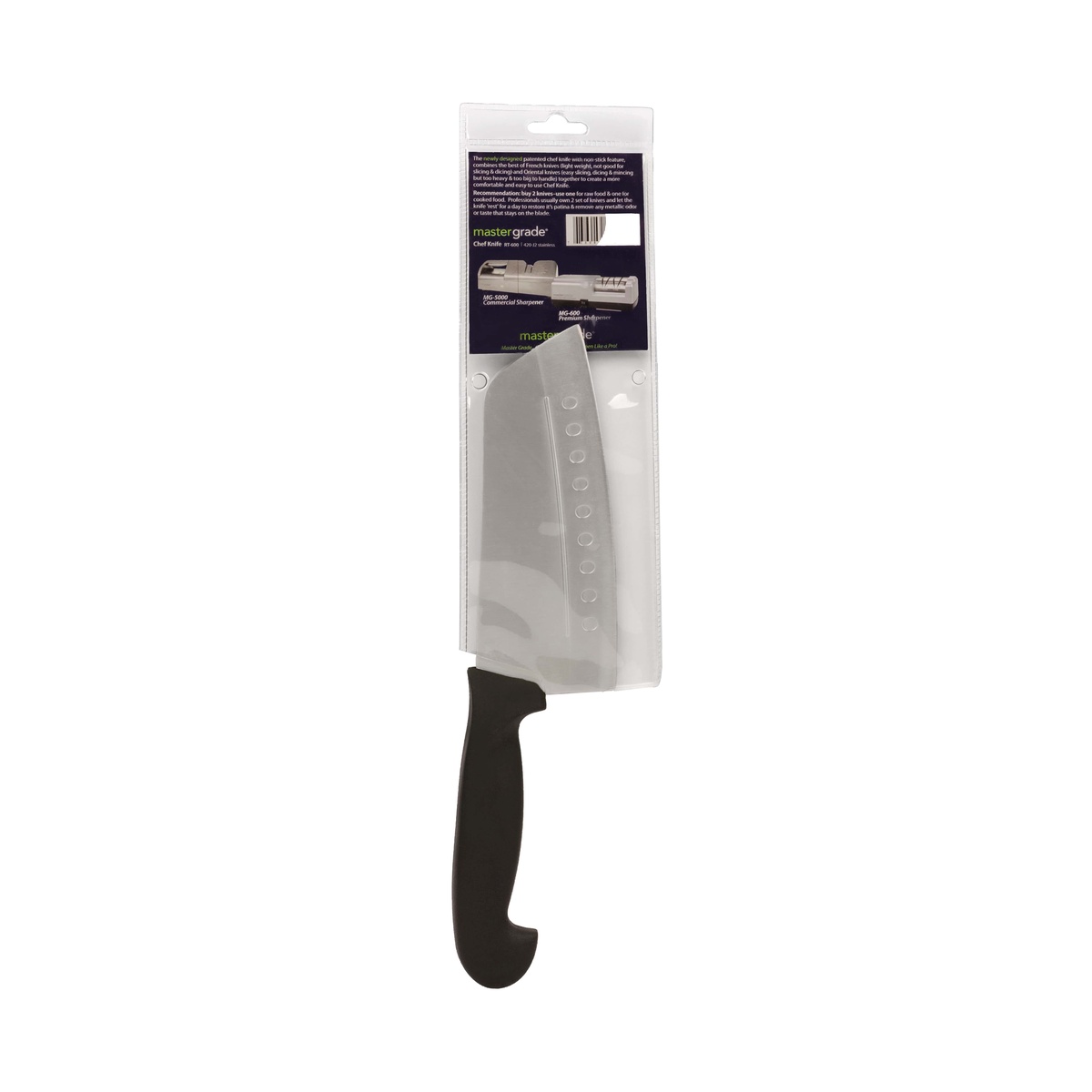 Master Grade MG-600 non-stick chef knife shown with retail packaging back panel