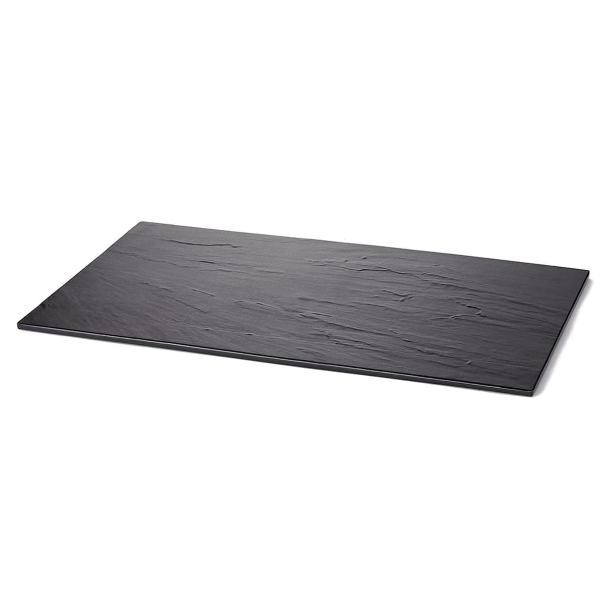 TableCraft MG1 rectangular black slate-textured melamine display tray, top-angle view showing natural stone-like surface finish