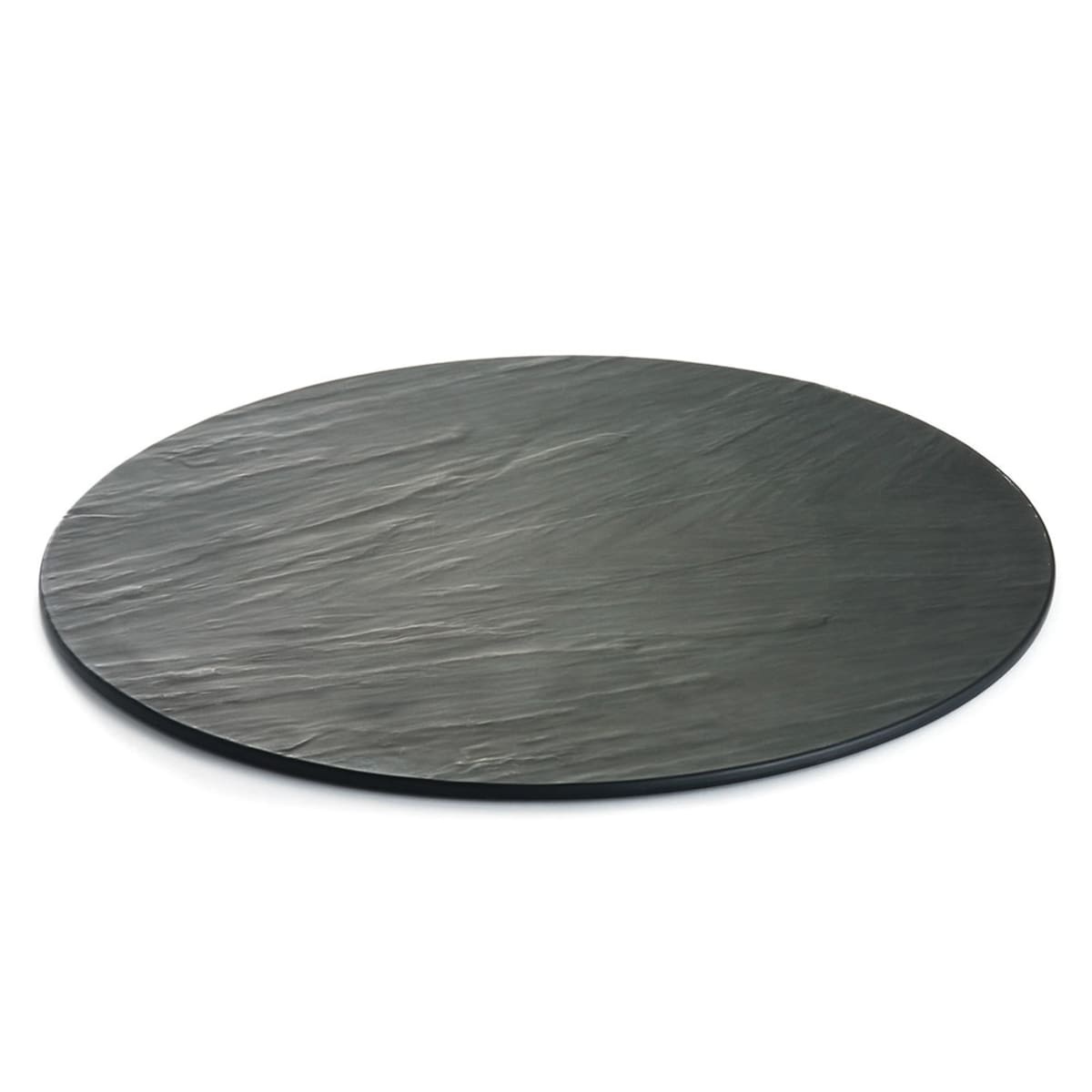 Tablecraft MG16 16-inch round black melamine display tray with matte faux slate texture, angled view on white background