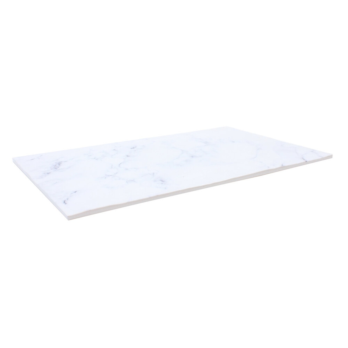 TableCraft MG1WM Frostone rectangular melamine display tray with white marble finish, angled view on white background