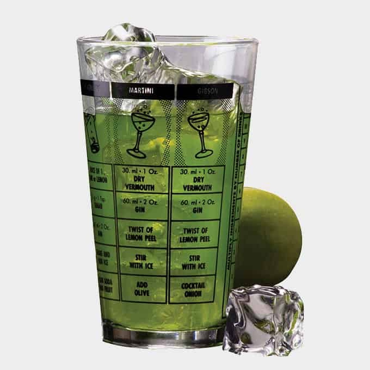 American Metalcraft MG578 16 oz. clear mixing glass with black inscribed cocktail recipes visible on tapered body