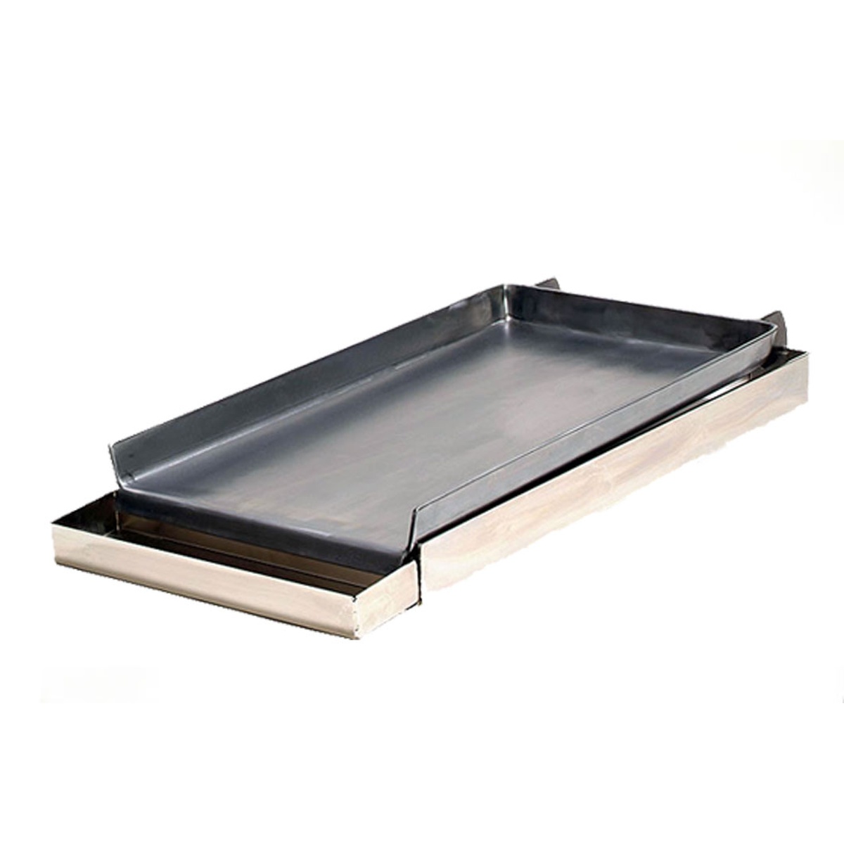 Rocky Mountain Cookware MGB12-8 carbon steel griddle plate seated in adjustable stainless steel frame with removable grease tray