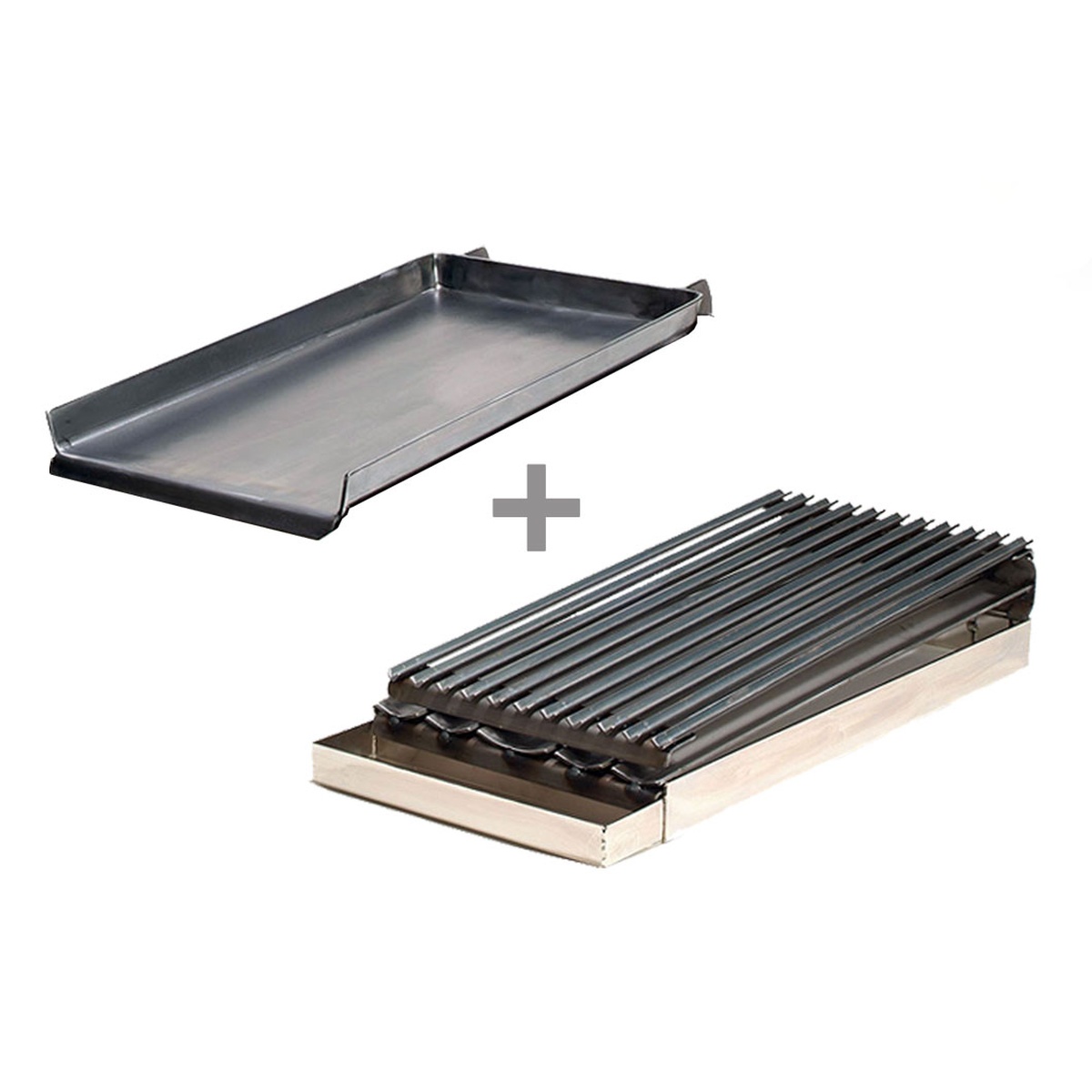 Rocky Mountain Cookware MGB12-8 combo showing flat carbon steel griddle plate and ribbed broiler insert alongside stainless steel frame