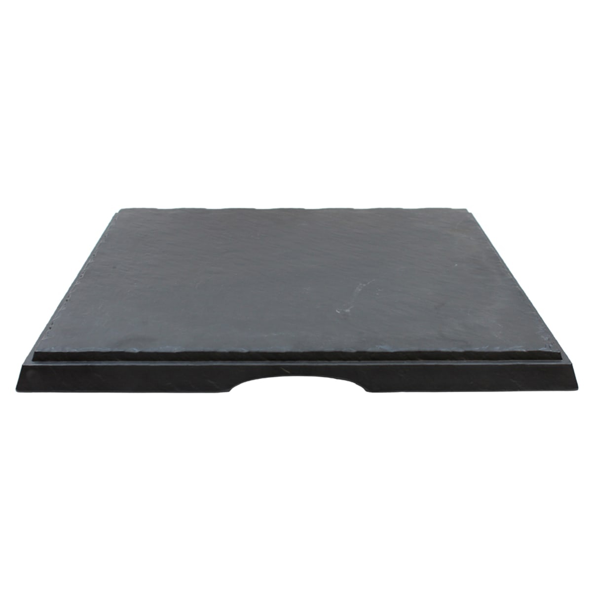 TableCraft MGD1616 square faux slate melamine display tray with raised edges and handle cutout, angled view