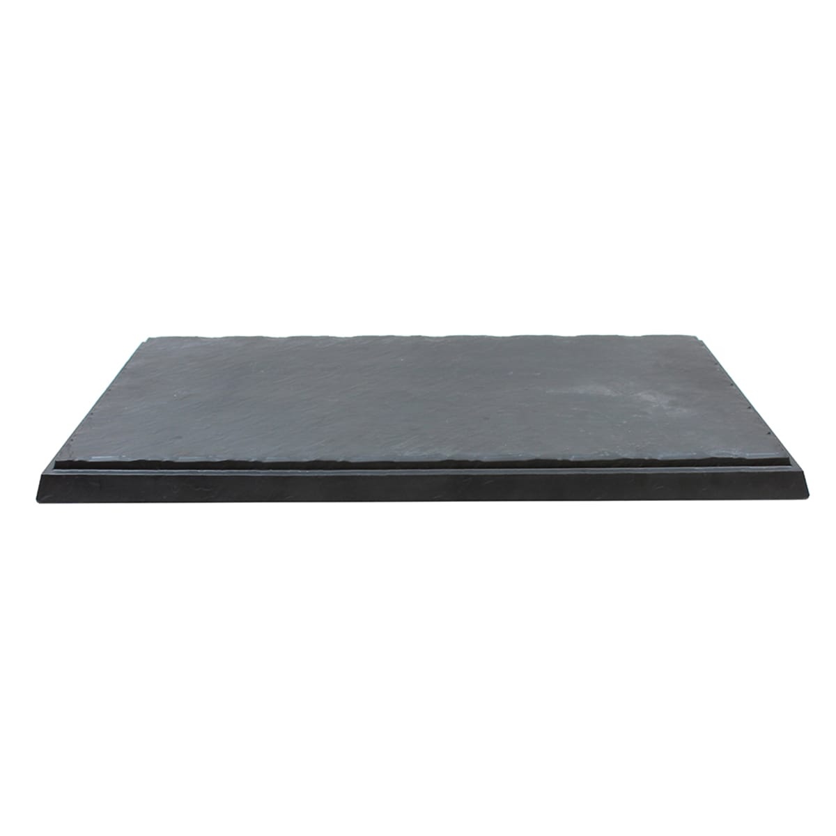 TableCraft MGD2112 square melamine display tray with slate frostone finish and raised edge, angled side view