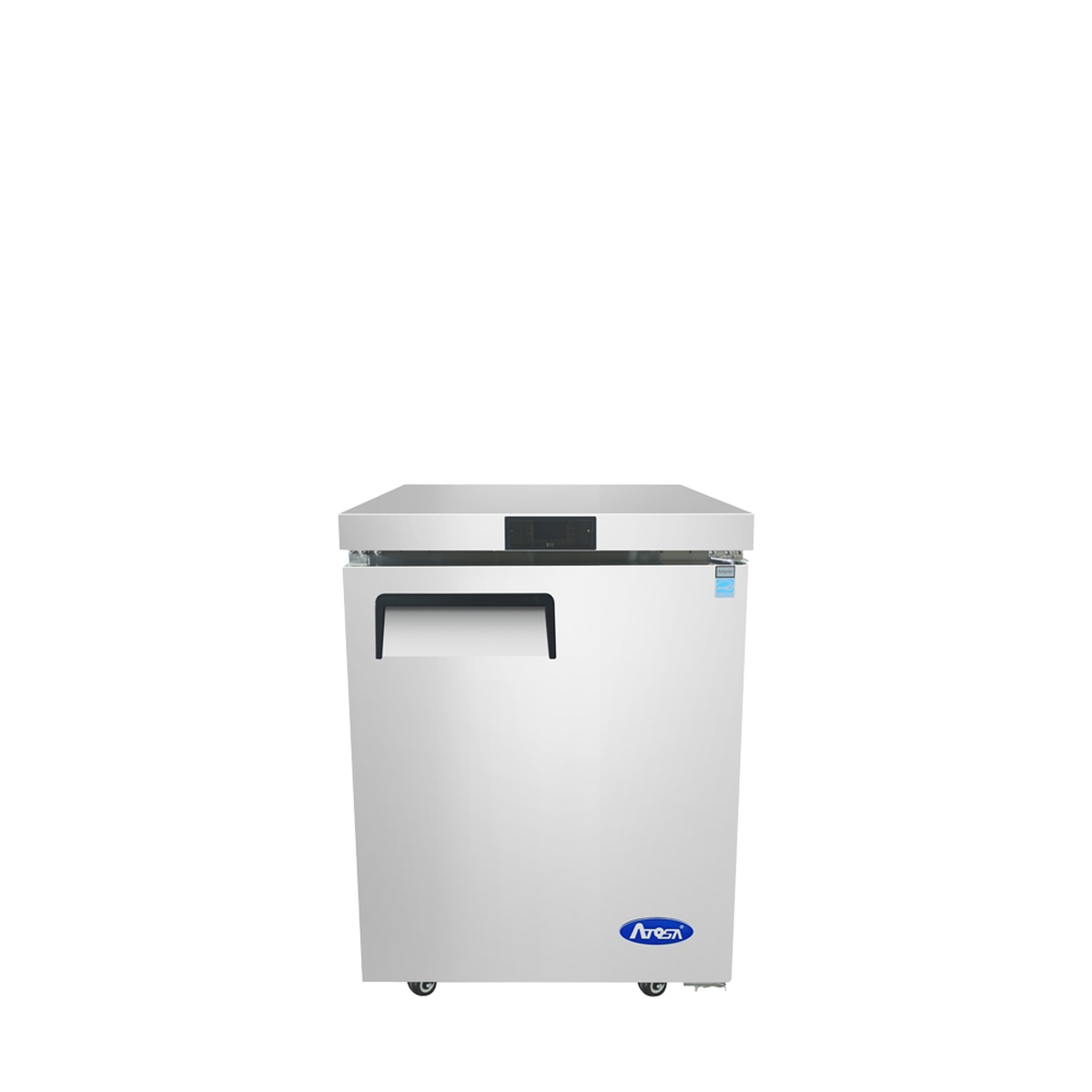 Atosa MGF24FGR 24-inch undercounter freezer, stainless steel, front view with recessed door handle and casters