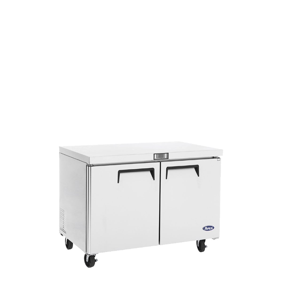 Atosa MGF36FGR undercounter freezer, three-quarter angle view showing casters and side panel