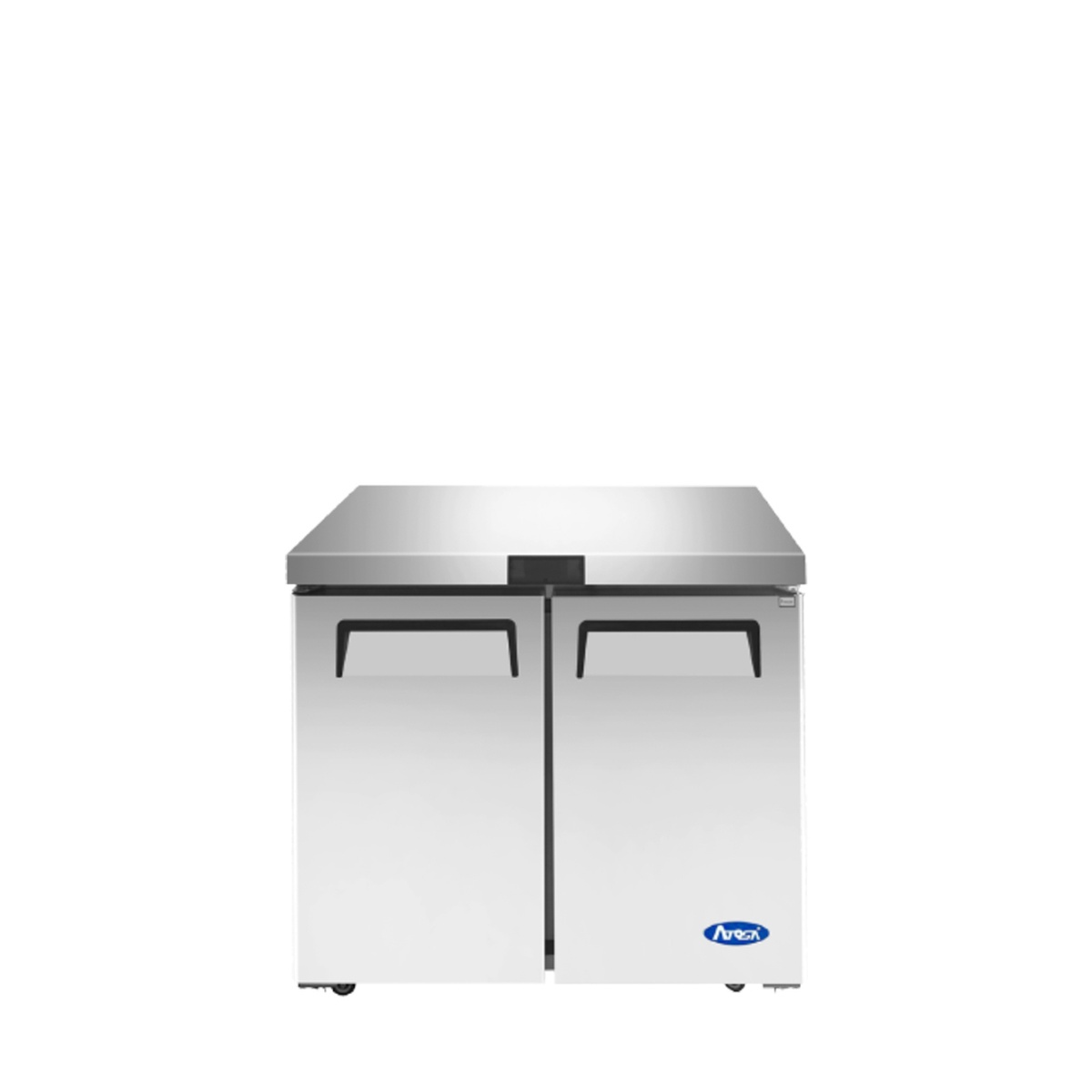 Atosa MGF36FGR 36-inch two-door undercounter freezer, front view, stainless steel exterior