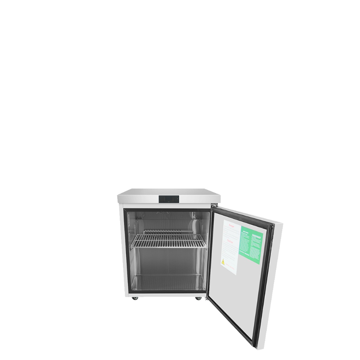 Open door view of Atosa MGF8401GR undercounter refrigerator showing interior shelf