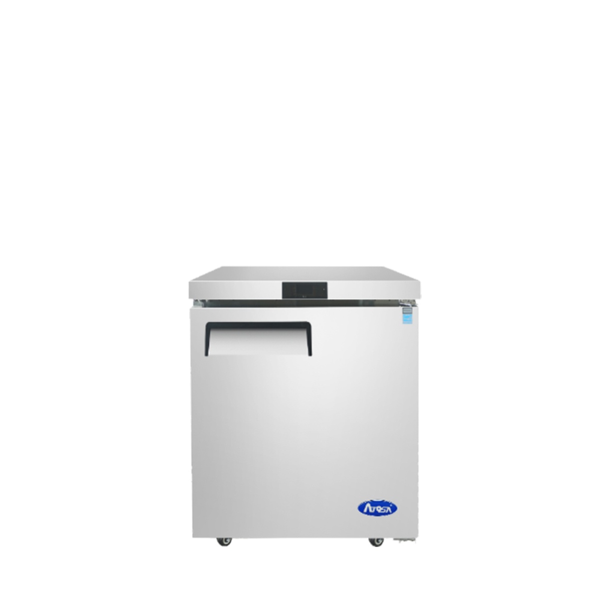Front view of Atosa MGF8401GR 27 inch undercounter refrigerator with single solid door