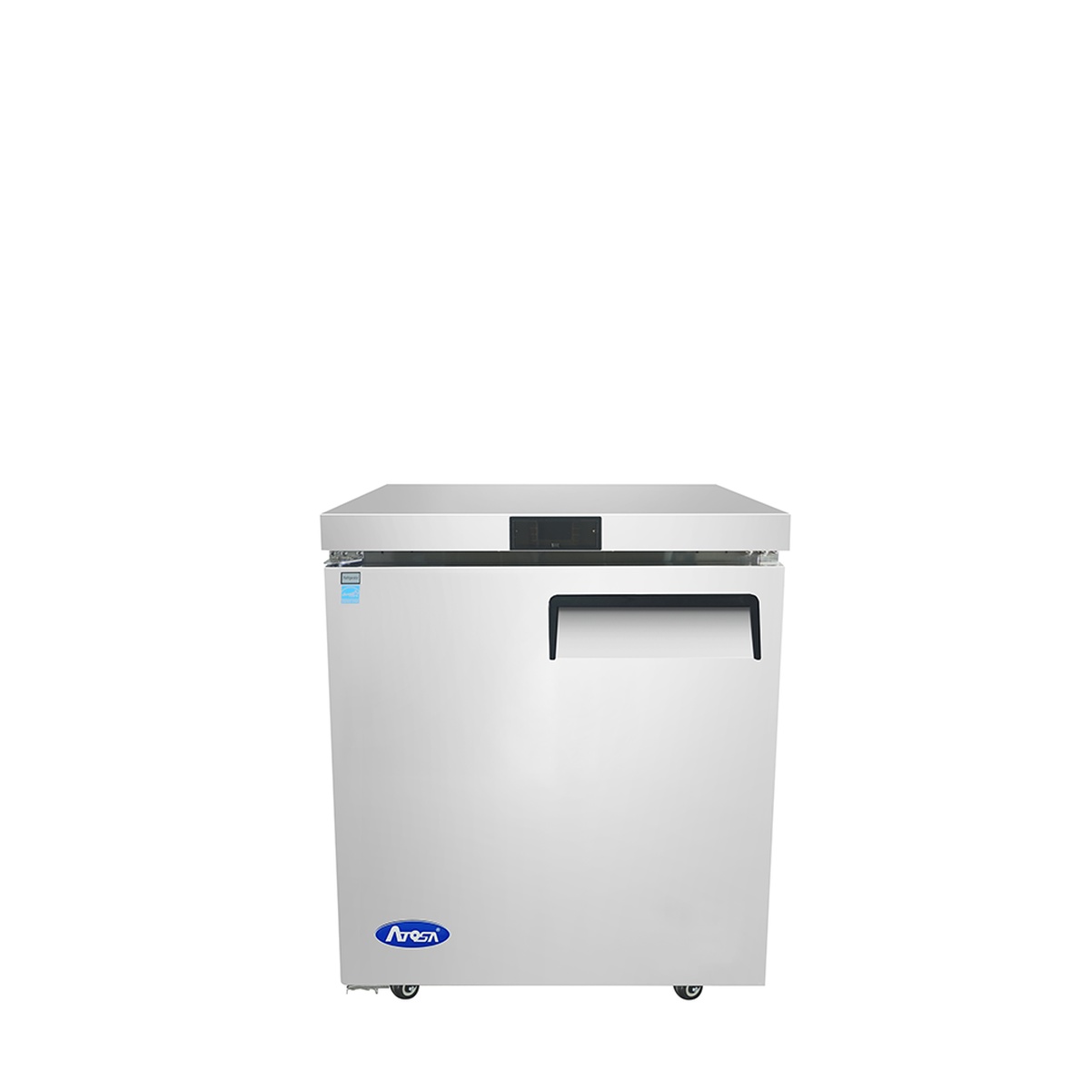 Atosa MGF8401GRL 27-inch undercounter refrigerator, stainless steel, single left-hinged solid door with recessed handle and pre-installed casters