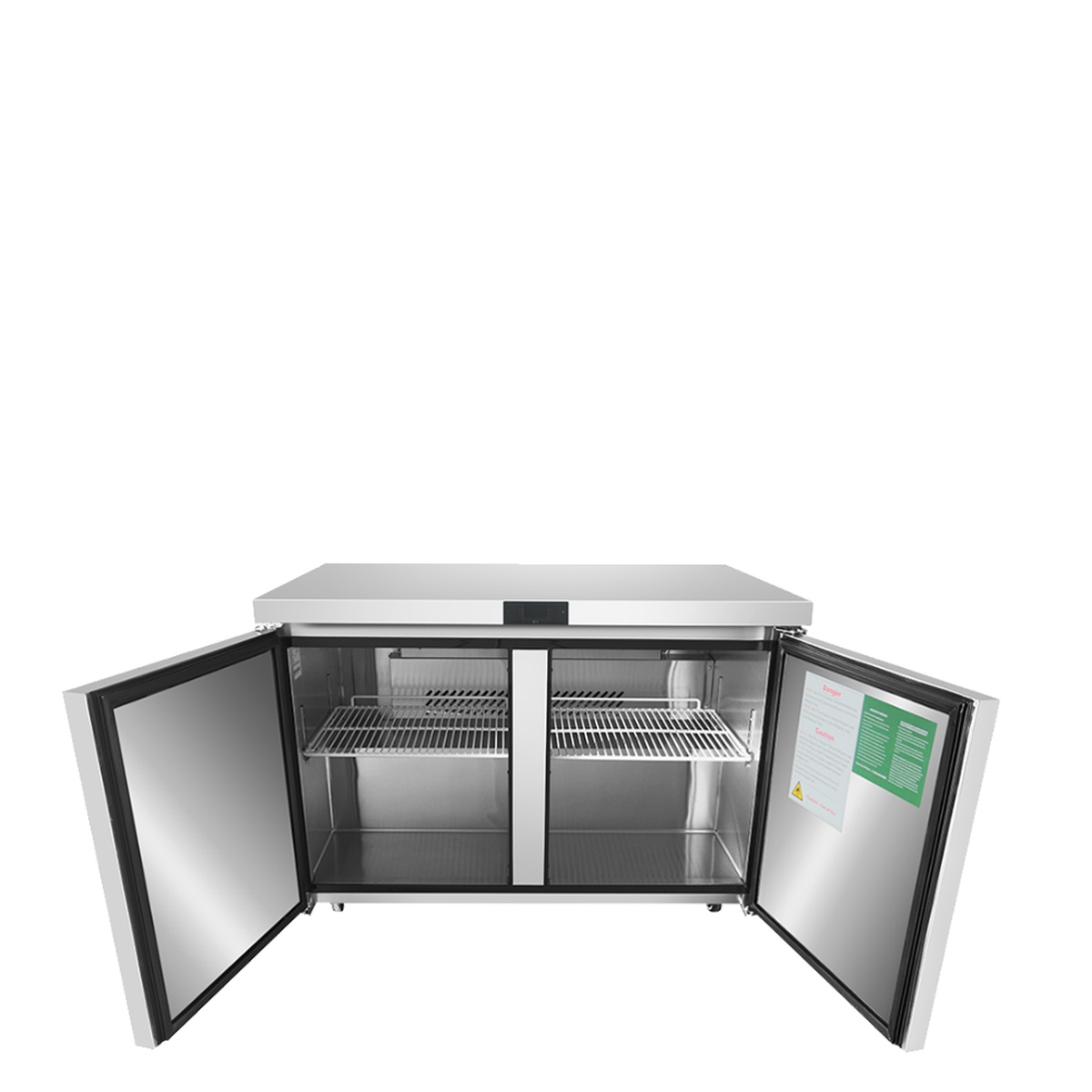Atosa MGF8402GR undercounter refrigerator with both doors open, showing stainless steel interior and wire shelves