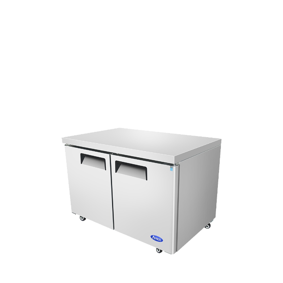 Atosa MGF8402GR undercounter refrigerator, angled three-quarter view showing casters and side panel