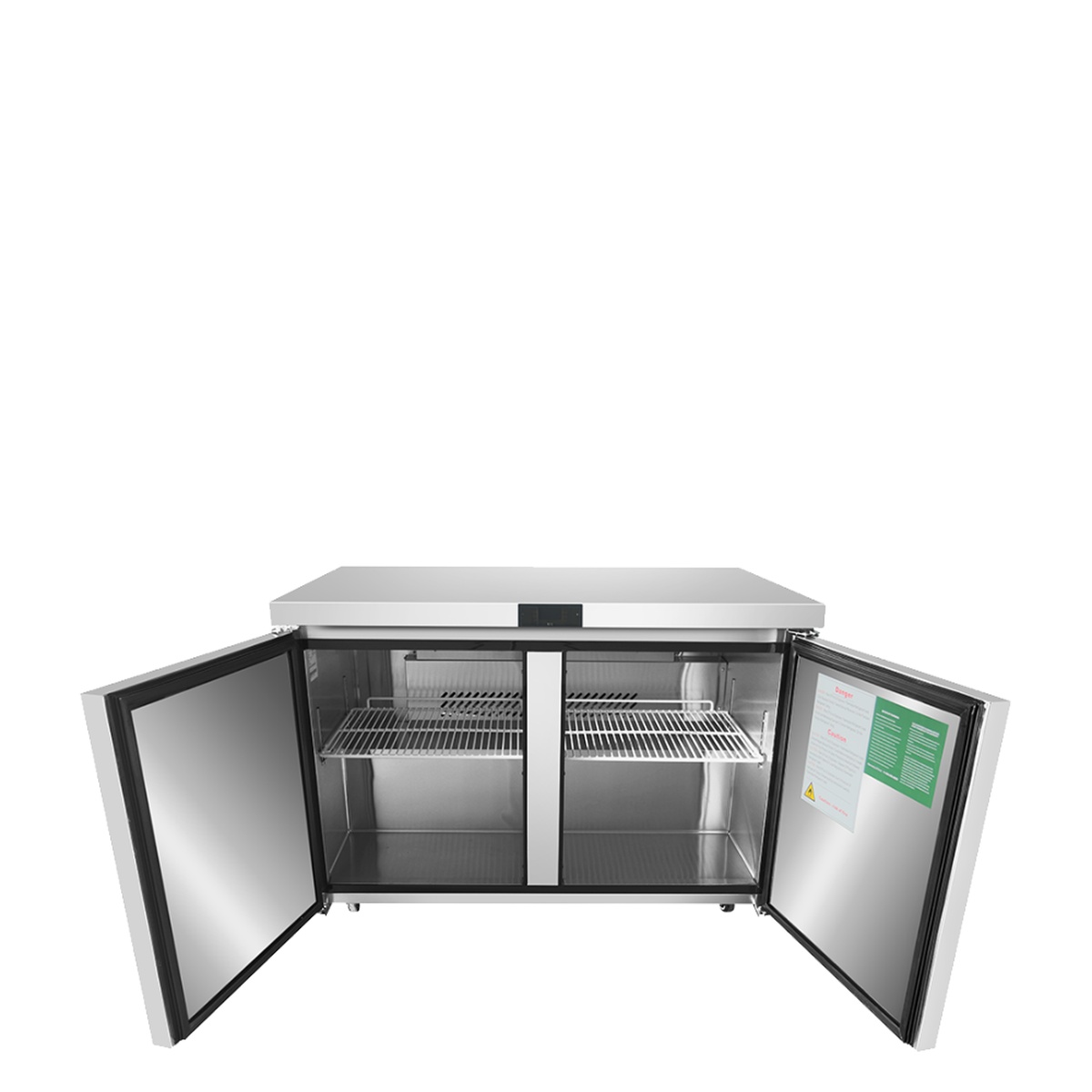 Atosa MGF8403GR undercounter refrigerator with doors open showing interior shelving