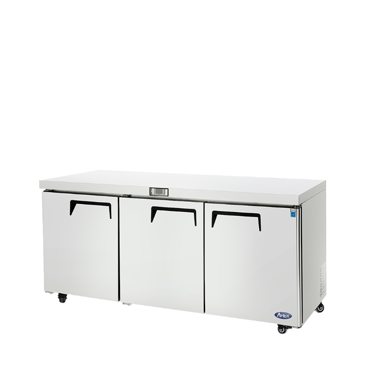 Angled front view of Atosa MGF8404GR undercounter refrigerator showing three doors and casters