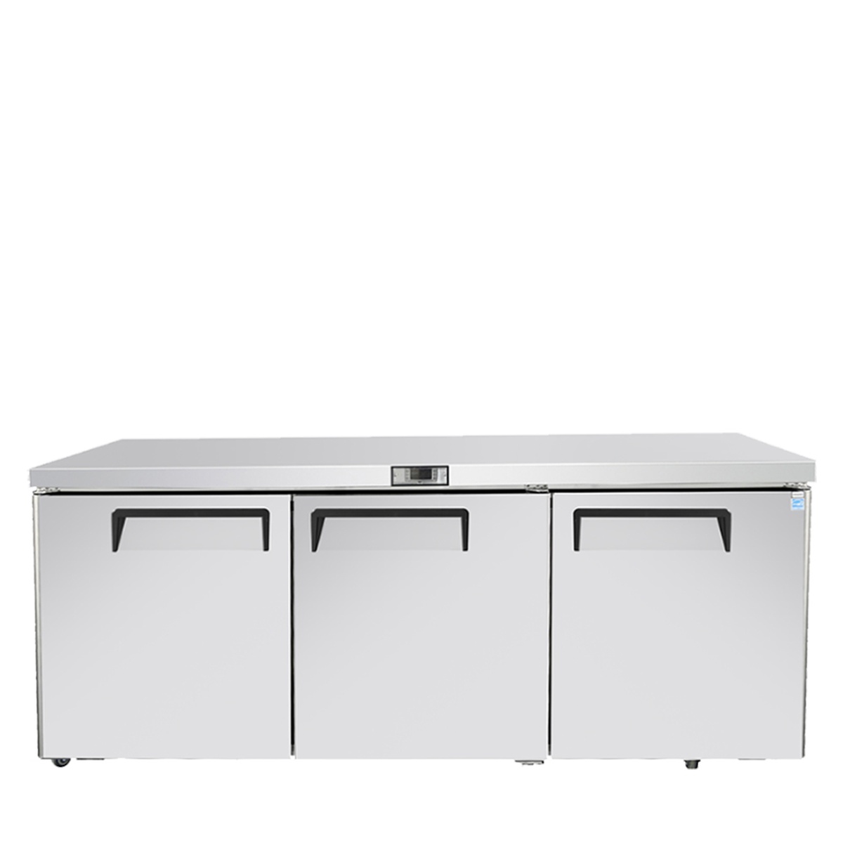 Front view of Atosa MGF8404GR three-door undercounter refrigerator