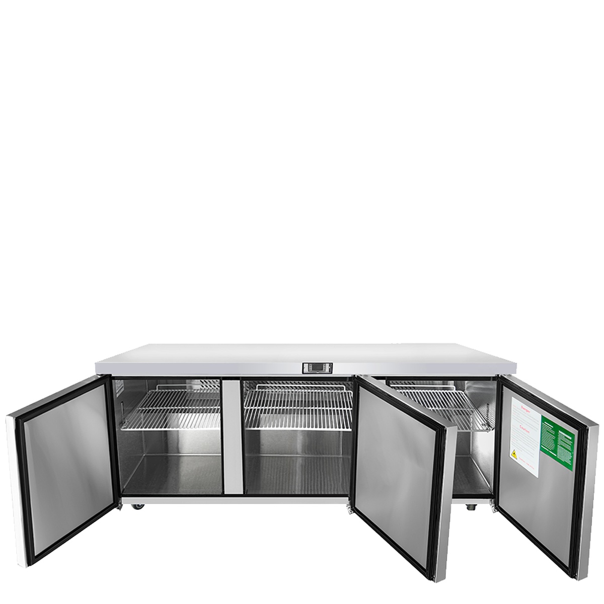 Atosa MGF8404GR undercounter refrigerator with doors open showing three sections and wire shelves