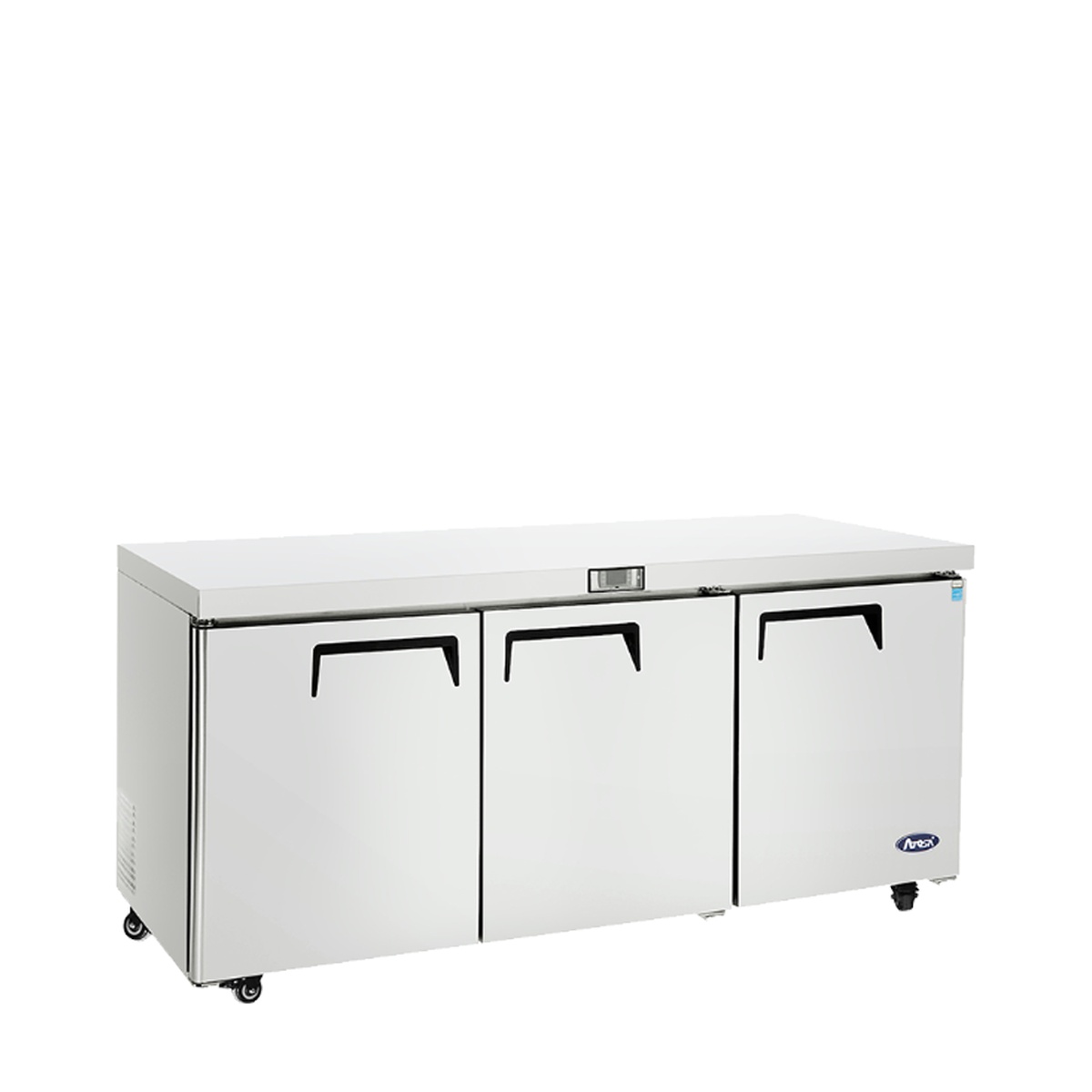 Angled view of Atosa MGF8404GR undercounter refrigerator highlighting side panel and top