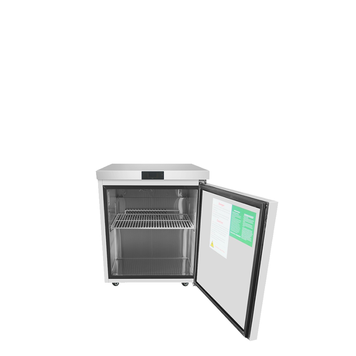 Atosa MGF8405GR undercounter freezer with door open showing stainless interior and shelf