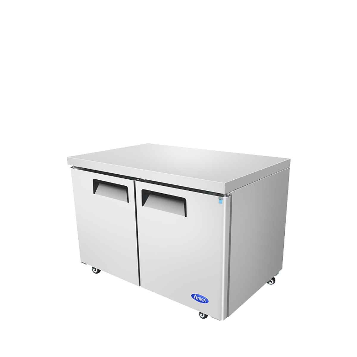 Atosa MGF8406GR undercounter freezer, three-quarter angle view showing left and front panels with casters