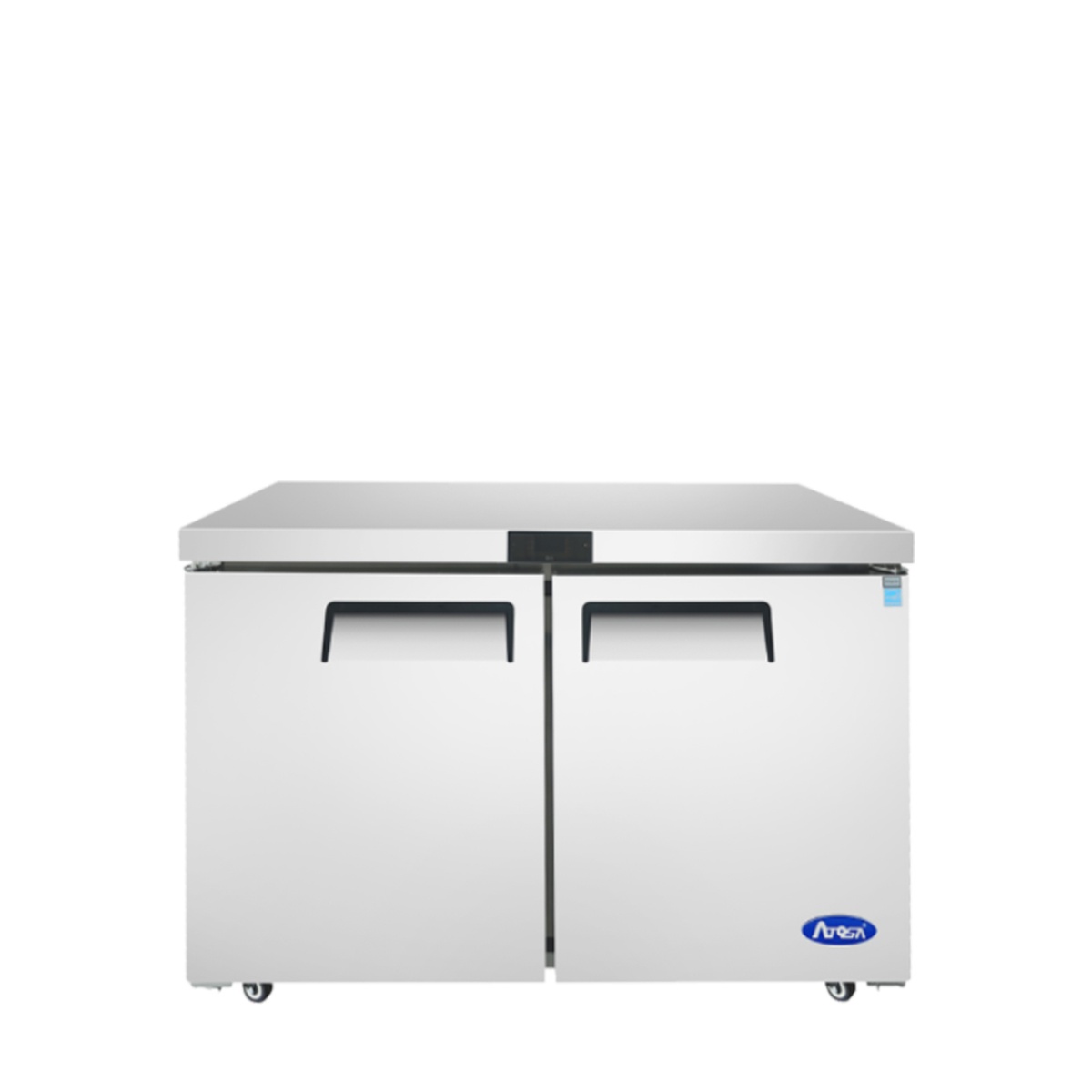 Atosa MGF8406GR 48-inch two-door undercounter freezer, front view, stainless steel exterior with recessed handles and casters